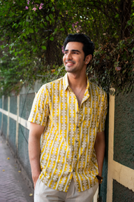 Olive Mustard Sanganeri Natural Cotton Linen Men Shirt