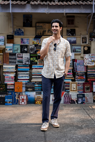 Ivory Sanganeri Natural Cotton Linen Men Shirt Half Sleeves MSHHS12258