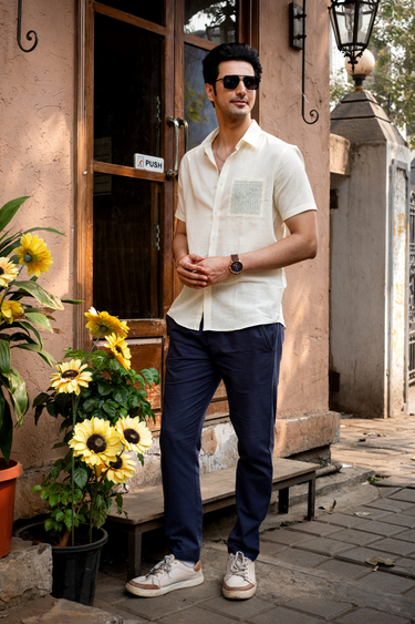 Ecru Hand Embroidery Natural Cotton Linen Men Shirt