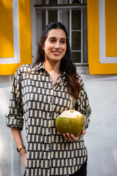 Grey Black Bagru Lite Cotton Flax Women Shirt