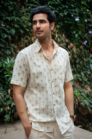 Teal Blue Sanganeri Natural Cotton Linen Men Shirt Half Sleeves MSHHS12257