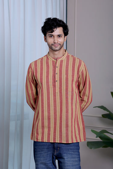 Dark Beige Stripes Natural Cotton Linen Men Short Kurta