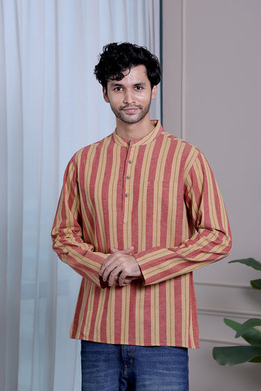 Dark Beige Stripes Natural Cotton Linen Men Short Kurta