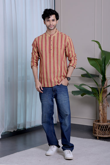 Dark Beige Stripes Natural Cotton Linen Men Short Kurta