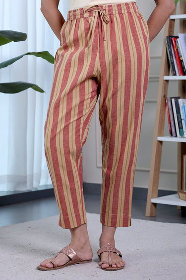 Dark Beige Stripes Natural Cotton Linen Women Ankle Pant