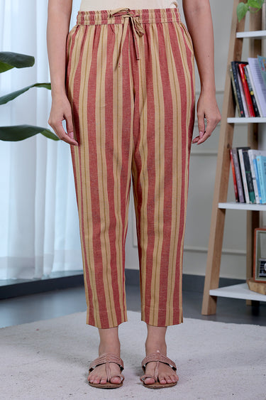 Dark Beige Stripes Natural Cotton Linen Women Ankle Pant