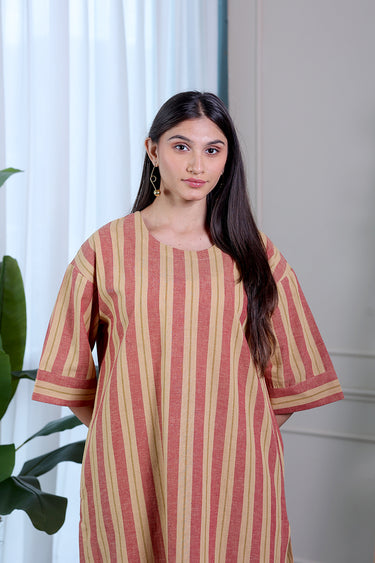 Dark Beige Stripes Natural Cotton Linen Women Long Kurta