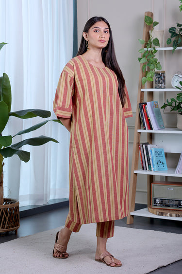 Dark Beige Stripes Natural Cotton Linen Women Long Kurta