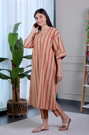 Dark Beige Stripes Natural Cotton Linen Women Long Kurta
