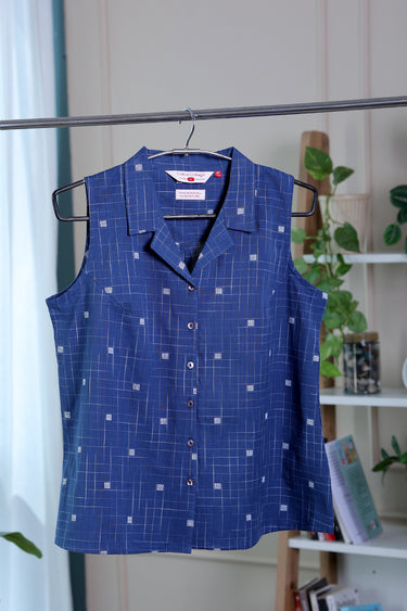 Dark Blue Dobby Checks South Cotton Women Short Top