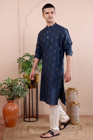 Dark Blue Jaquard Art Silk Men Long Kurta Full Sleeves MLKFS052411