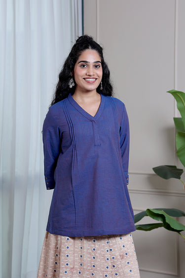 Dark Blue Yarn Dyed South Cotton Women Kurti