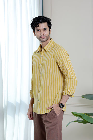 Dark Mustard Stripes South Cotton Flax Men Shirt