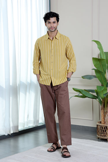 Dark Mustard Stripes South Cotton Flax Men Shirt