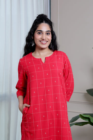 Dark Red Checks Dobby South Cotton Women Long Kurta
