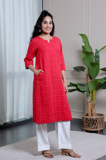 Dark Red Checks Dobby South Cotton Women Long Kurta