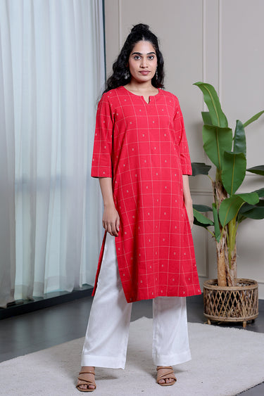 Dark Red Checks Dobby South Cotton Women Long Kurta