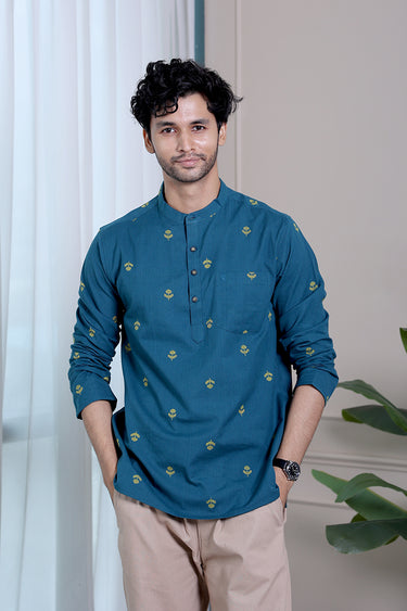 Dark Turquoise Dobby South Cotton Men Short Kurta