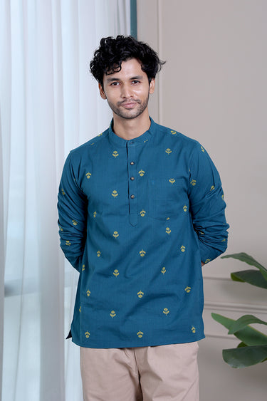 Dark Turquoise Dobby South Cotton Men Short Kurta