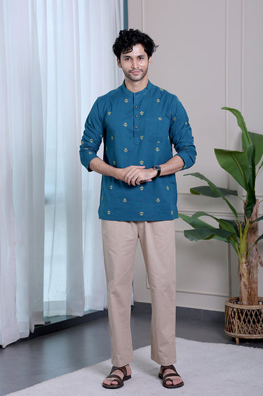 Dark Turquoise Dobby South Cotton Men Short Kurta
