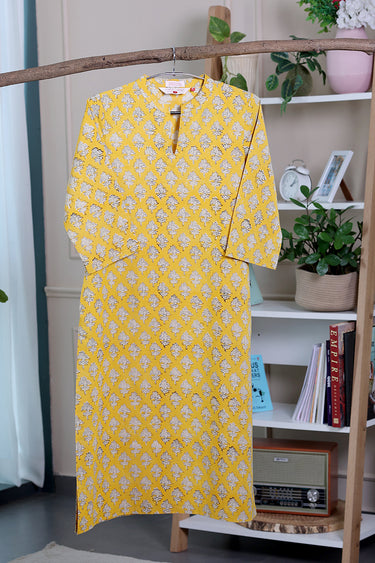 Dark Yellow Bagru Lite Cotton Flax Women Long Kurta