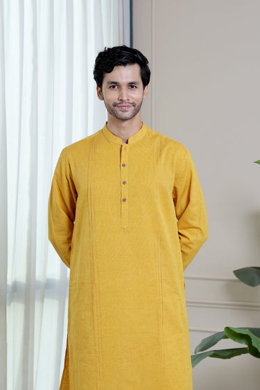 Dark Yellow Yarn Dyed Fine Cotton Flax Men Long Kurta