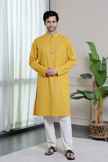Dark Yellow Yarn Dyed Fine Cotton Flax Men Long Kurta