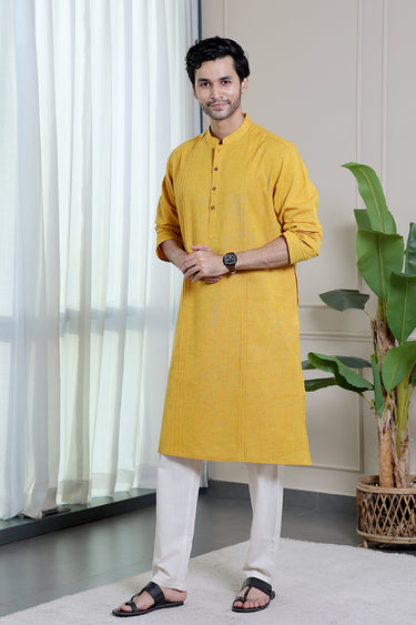 Dark Yellow Yarn Dyed Fine Cotton Flax Men Long Kurta