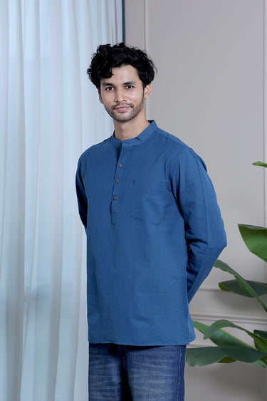 Deep Blue Yarn Dyed Fine Cotton Flax Men Short Kurta