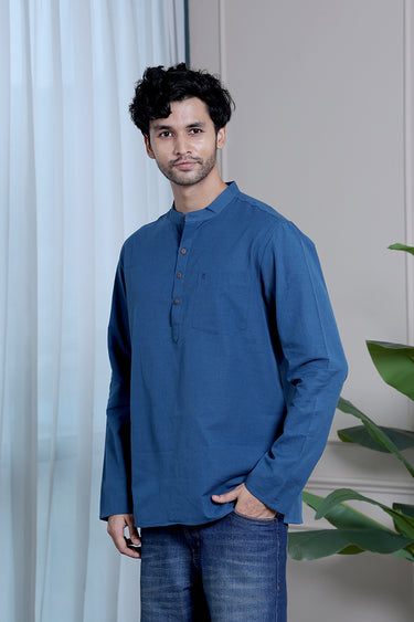Deep Blue Yarn Dyed Fine Cotton Flax Men Short Kurta