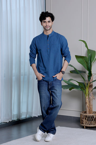 Deep Blue Yarn Dyed Fine Cotton Flax Men Short Kurta