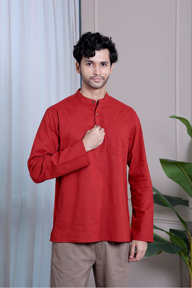 Deep Maroon Dyed Classic Cotton Linen Men Short Kurta