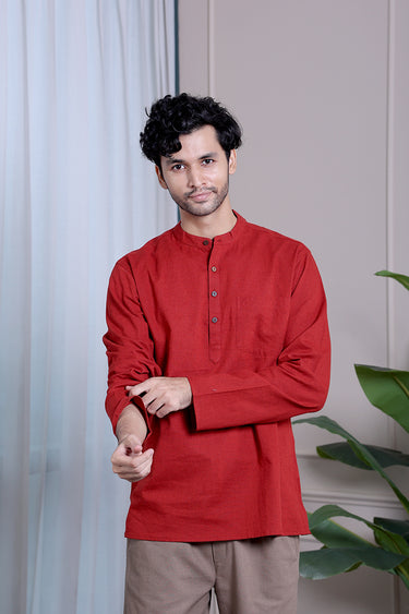 Deep Maroon Dyed Classic Cotton Linen Men Short Kurta