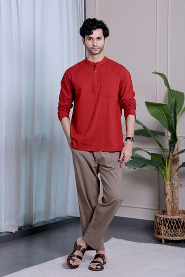 Deep Maroon Dyed Classic Cotton Linen Men Short Kurta