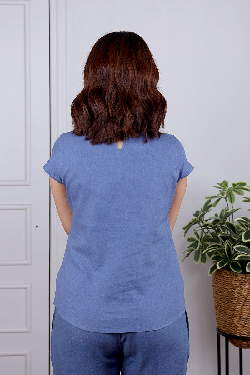 Denim Blue Hand Dyed Cotton Linen Women Short Top Short Sleeves WSTSL052428