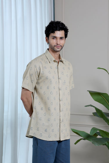 Dusty Beige Sanganeri Classic Cotton Linen Men Shirt