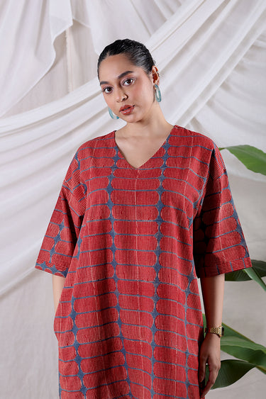 Rust Ajrakh Cotton Slub Women Midi Dress