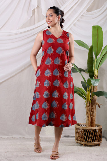 Rust Ajrakh Cotton Women Midi Dress