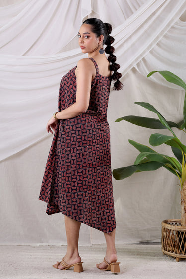 Red Blue Ajrakh Cotton Women Midi Dress
