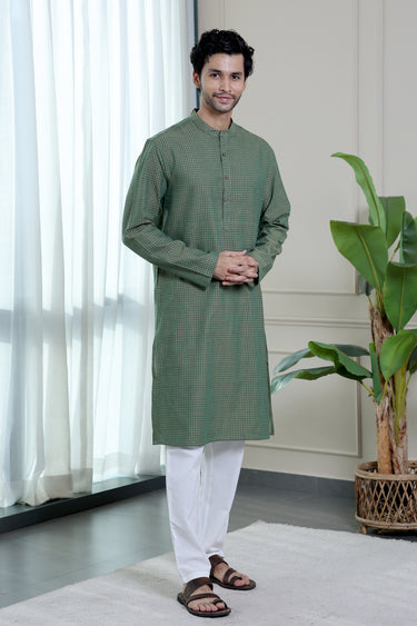 Fern Green Checks South Cotton Men Long Kurta