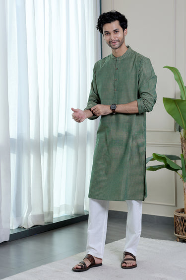 Fern Green Checks South Cotton Men Long Kurta