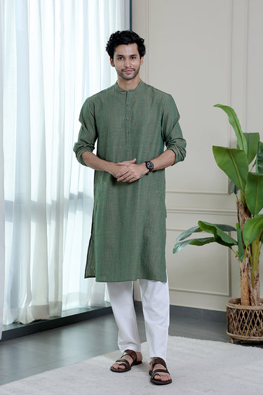 Fern Green Checks South Cotton Men Long Kurta