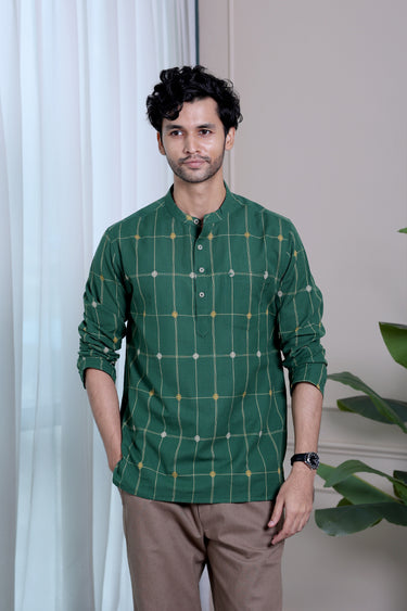 Forest Green Checks Dobby South Cotton Men Short Kurta