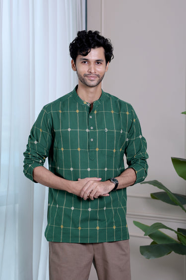 Forest Green Checks Dobby South Cotton Men Short Kurta