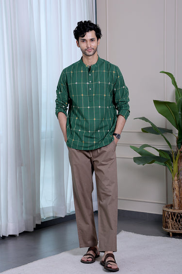 Forest Green Checks Dobby South Cotton Men Short Kurta