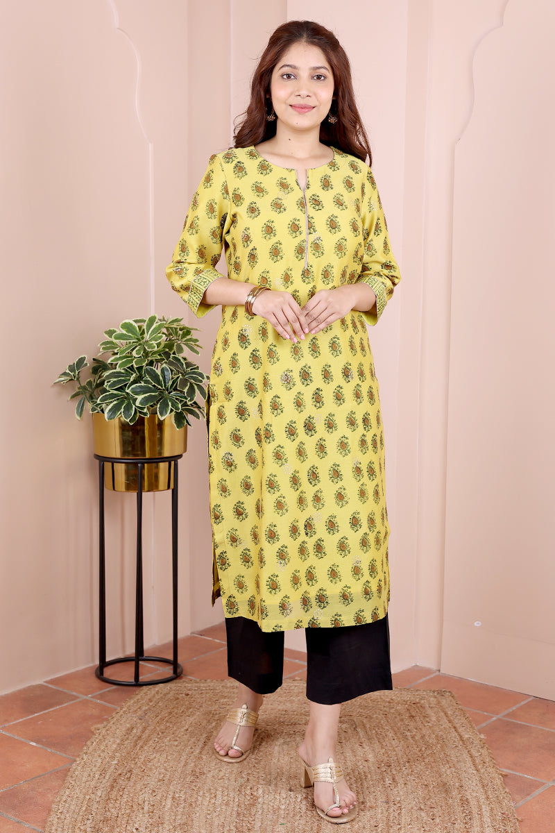 Green Bagru Chanderi Silk  Women Long Kurta Long Sleeves WLKLS12238