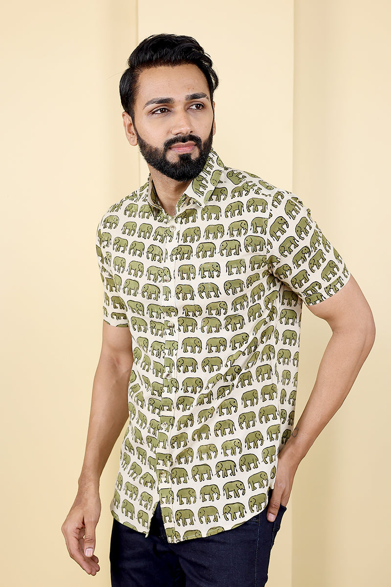 Green Bagru Cotton Viscose Flax Men Shirt Half Sleeves MSHHS032313