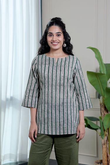 Green Bagru Cotton Women Kurti