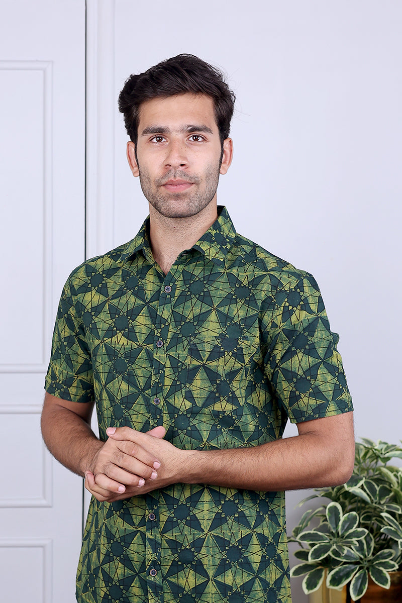 Green Bagru Dhabu Cotton Shirt Half Sleeves MSHHS032417