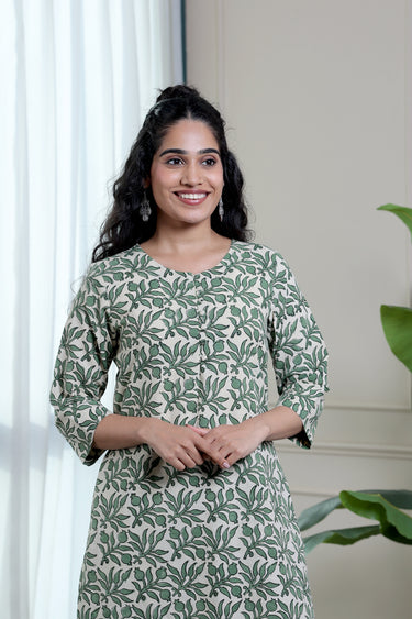 Green Bagru Lite Cotton Flax Women Long Kurta